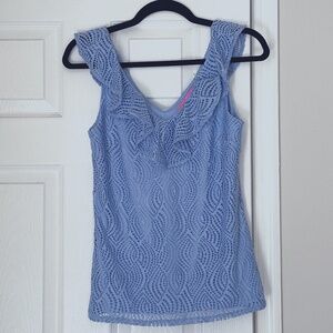 Lilly Pulitzer Women's Alessa Ruffle Collar Woven Blue tank Top Lined Size Small